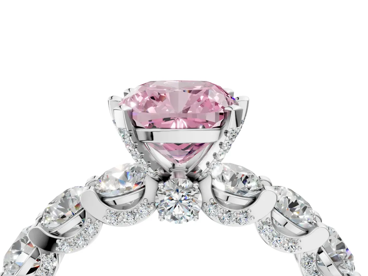 Fancy Pink Cushion Cut Diamond Side Stone Engagement Ring with Four-Prong Setting Silver