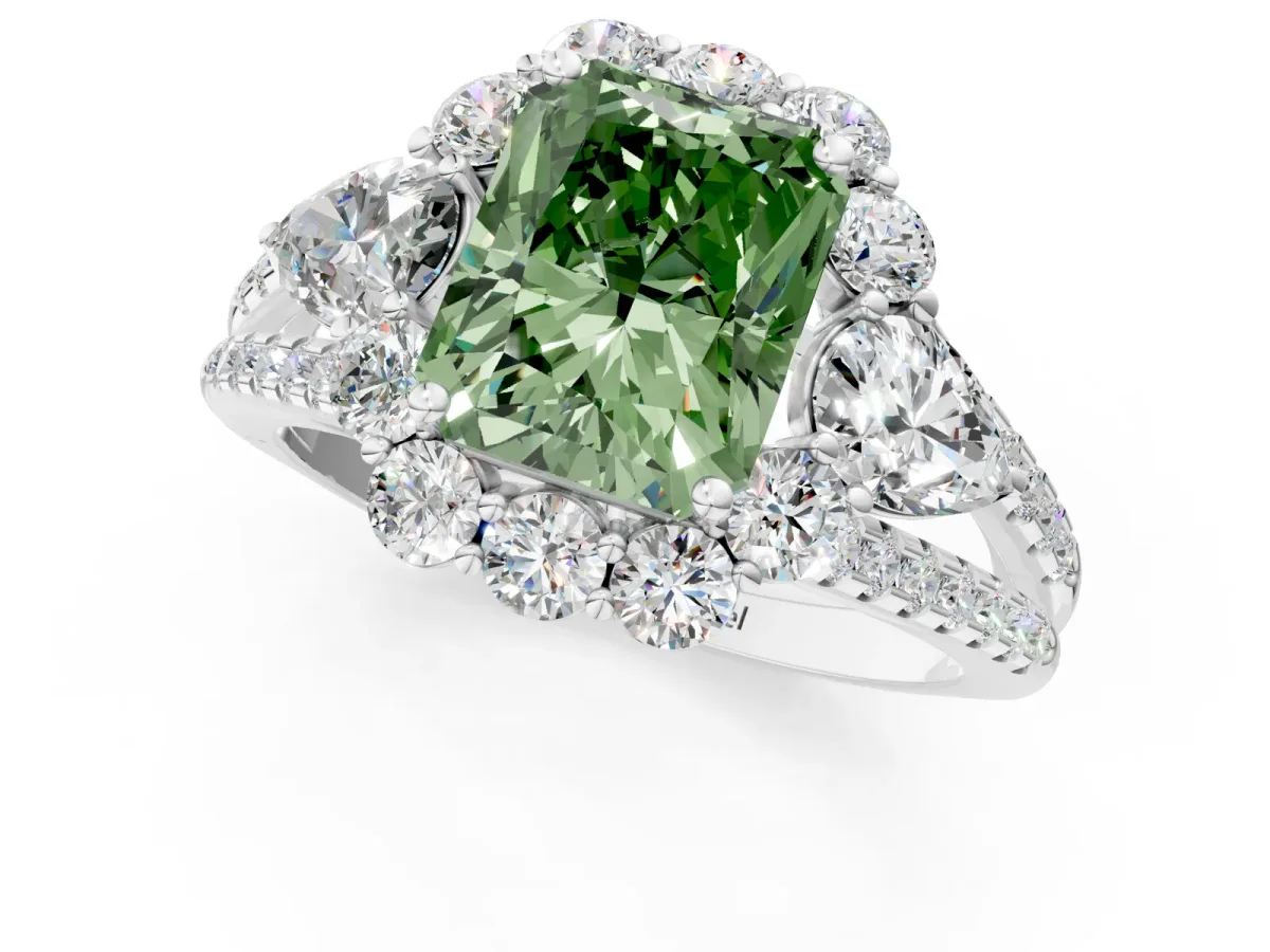 Fancy Green Radiant Cut Halo Split Shank Diamond Engagement Ring with Prong Setting Platinum