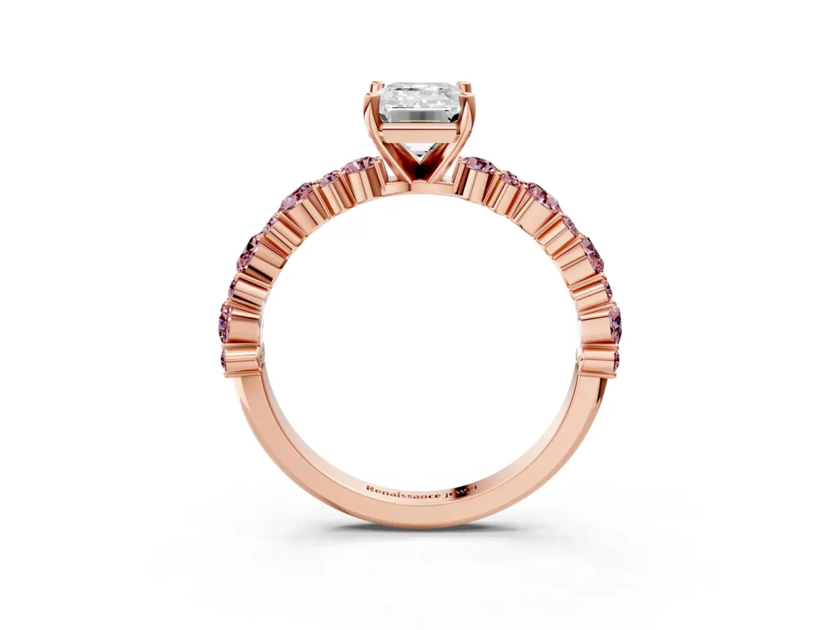 Emerald Cut Diamond Side Stone Solitaire Ring with Round Morganite and Four-Prong Setting Rose gold