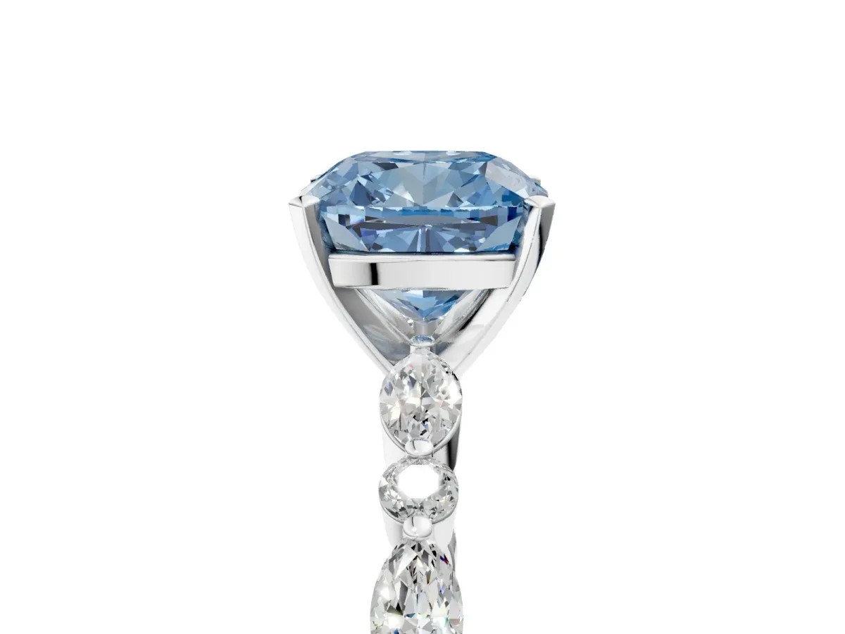 Fancy Blue Cushion Cut Diamond Ring with Marquise and Round Side Stones and Four-Prong Setting Silver