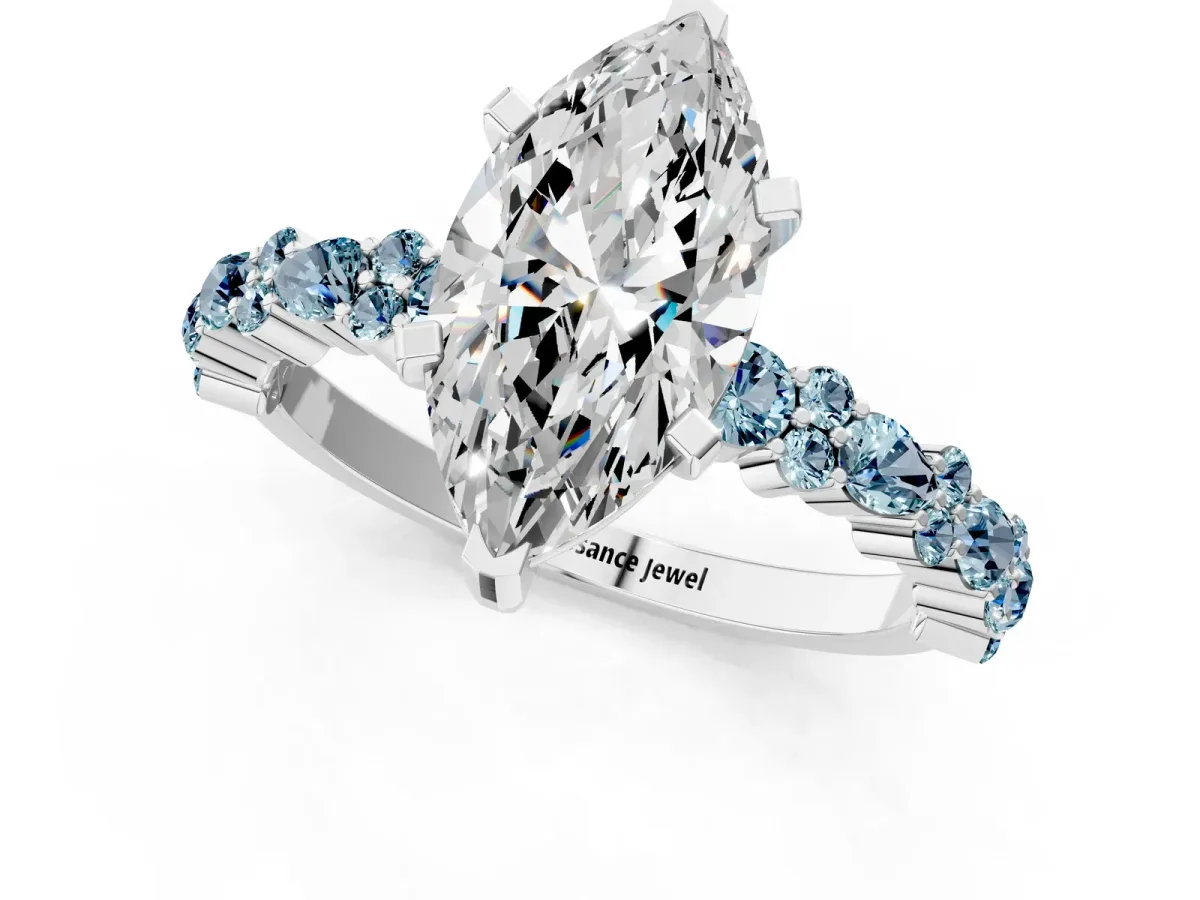 Marquise Cut Diamond Side Stone Solitaire Ring with Round Aquamarine and Four-Prong Setting Silver