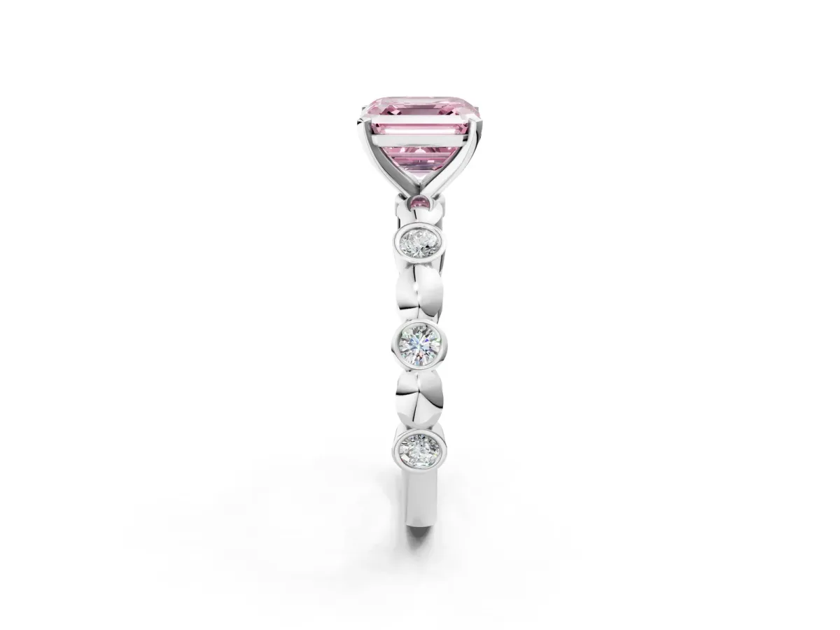 Fancy Pink Asscher Cut Solitaire Bezel-Set Diamond Ring with Beaded Band and Four-Prong Setting Platinum