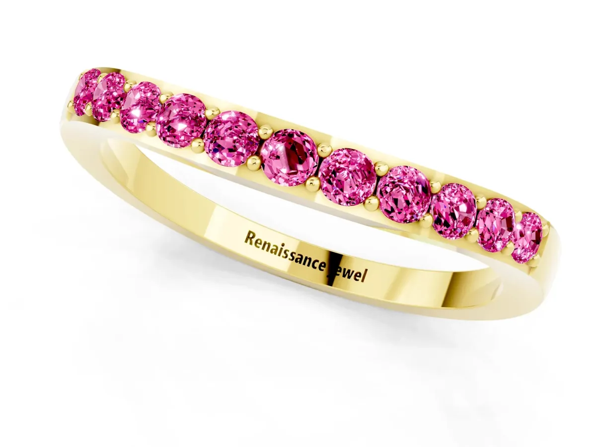 Round Pink Sapphire Curved Wedding Band with Channel Setting Yellow gold
