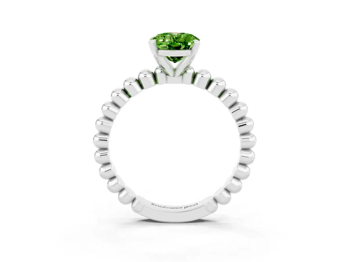 Oval Cut Peridot Solitaire Ring with Beaded Band and Prong Setting Platinum