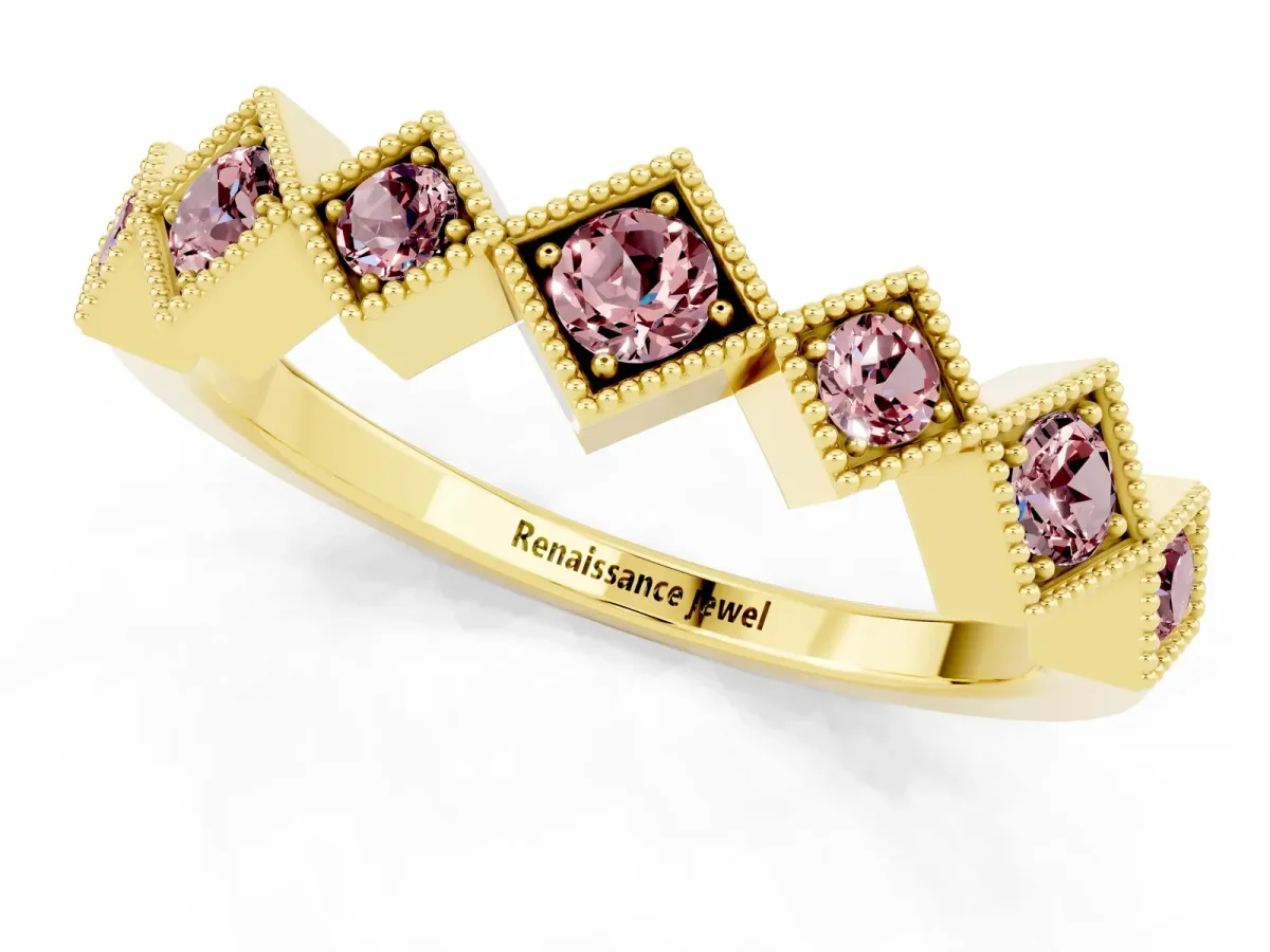 Milgrain Square Bezel Round Morganite Chevron Band Yellow gold