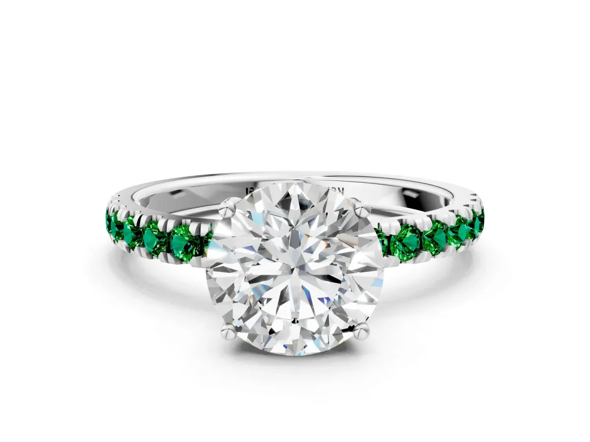 Round Cut Diamond Pave Band Solitaire Ring with Round Emerald and Prong Setting White gold
