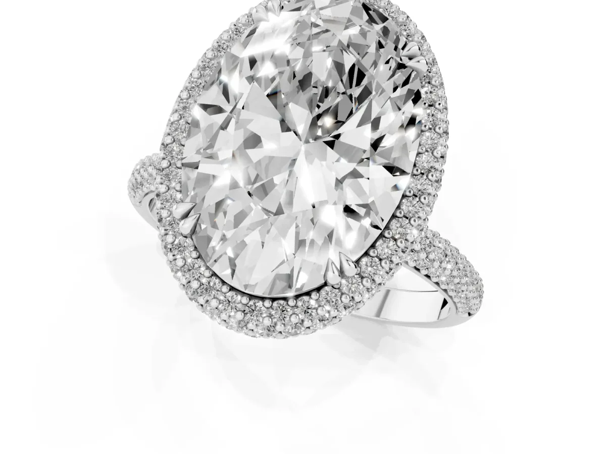 Oval Diamond Halo Ring with Round Diamond Accents Silver
