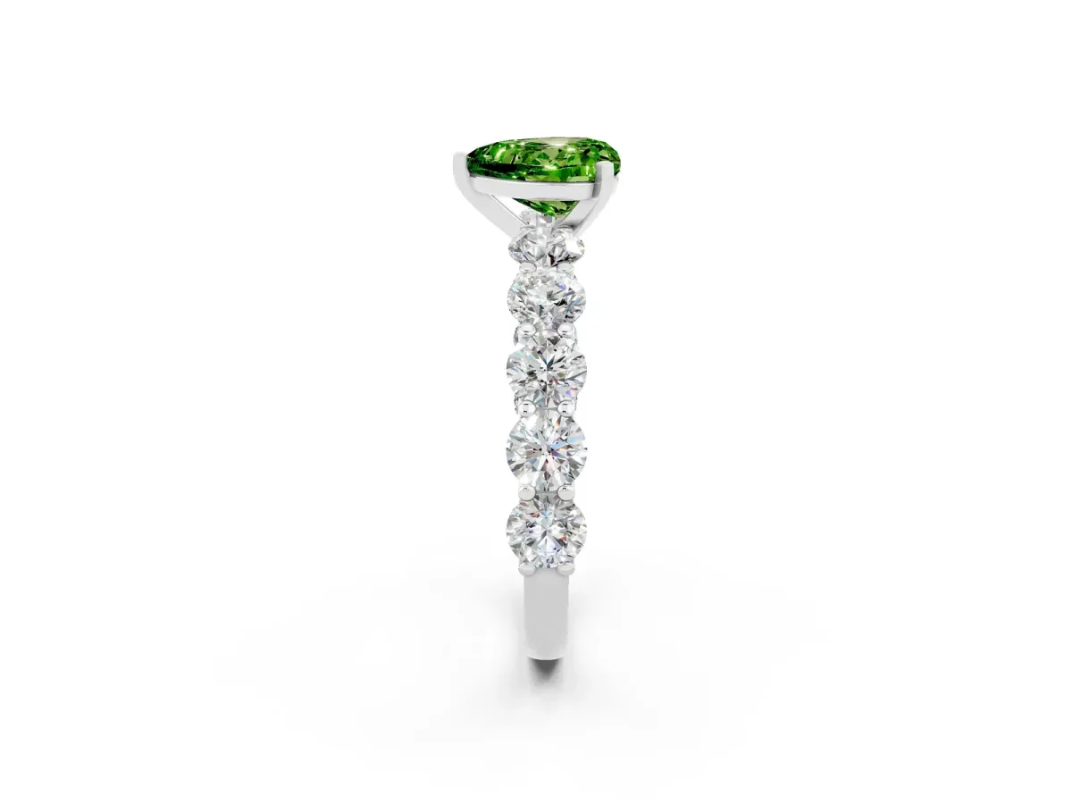 Heart Cut Peridot Prong Setting with Side Stones on a Pave Band Silver