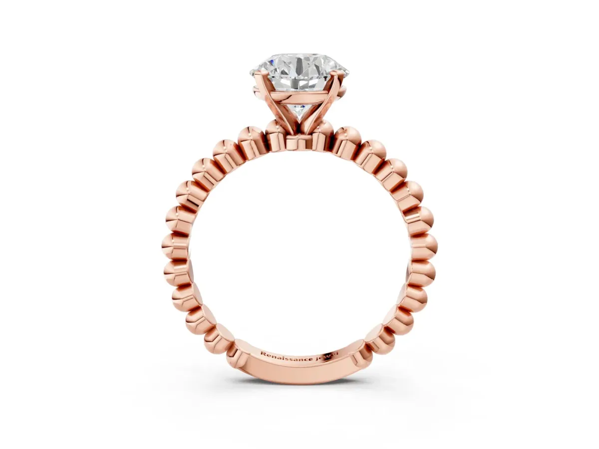 Round Cut Diamond Solitaire Ring with Beaded Band and Prong Setting Rose gold