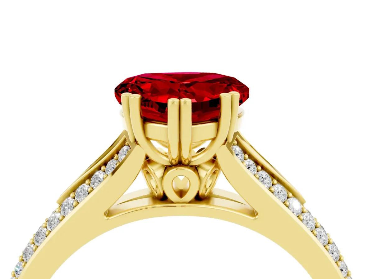 Heart Cut Ruby Split Shank Engagement Ring with Pavé Band Yellow gold