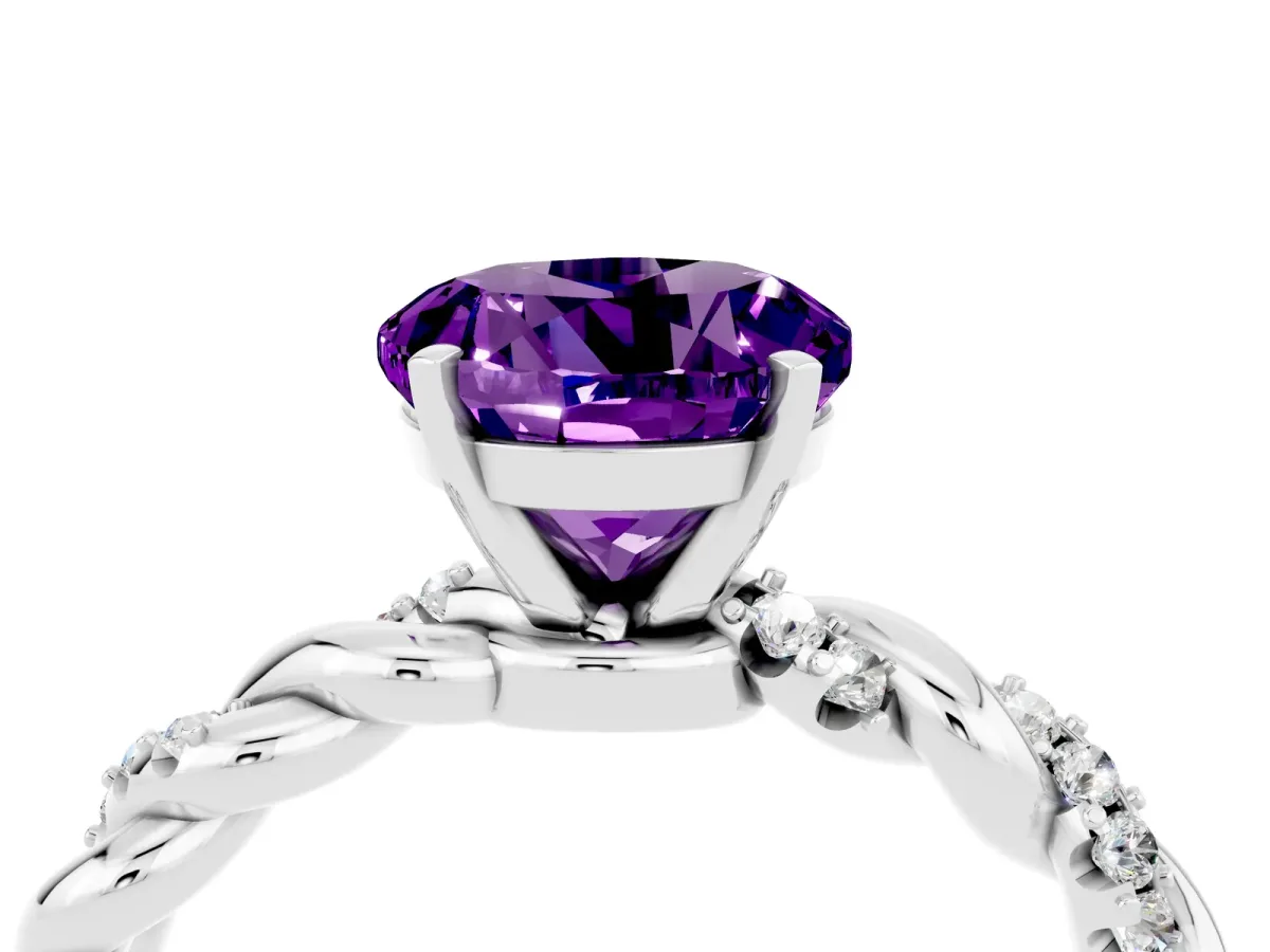 Round Cut Amethyst Solitaire Ring with Twisted Band and Pavé Accents Silver