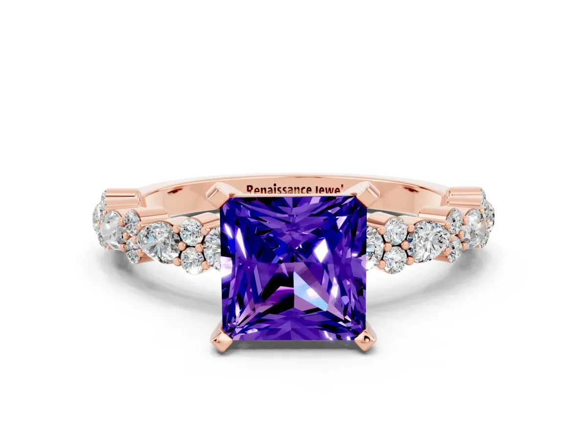 Princess Cut Tanzanite Side Stone Solitaire Ring with Round and Four-Prong Setting Rose gold