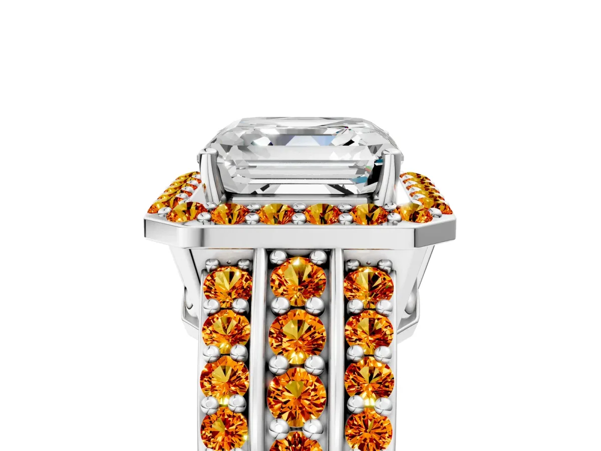 Asscher Cut Halo Diamond Ring with Round Citrine Split Shank and Prong Setting Silver
