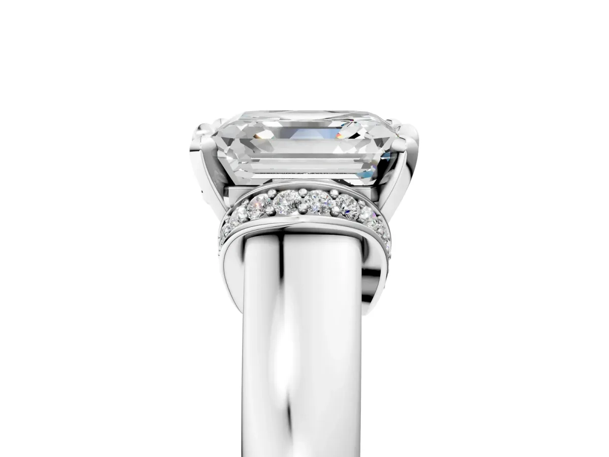 Asscher Cut Solitaire Diamond Ring with Pave Band and Six-Prong Setting White gold