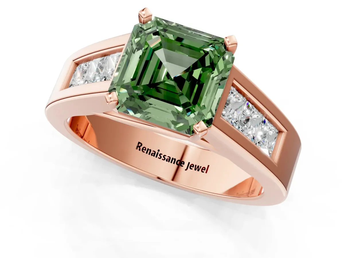 Fancy Green Asscher Cut Cut Channel Set Solitaire Ring with Four-Prong Setting Rose gold