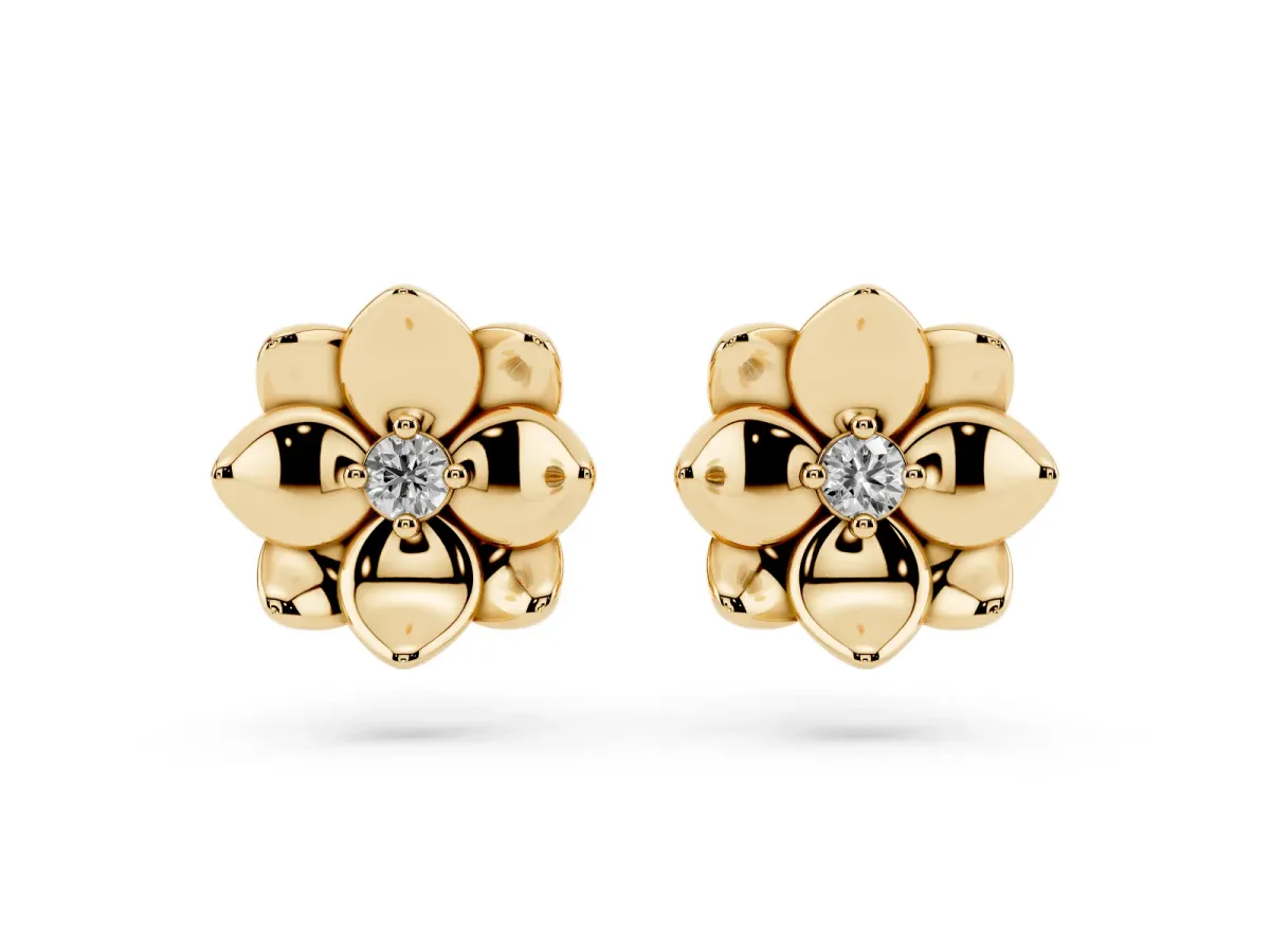 Round Diamond Magnolia Floral Stud Earrings Yellow gold