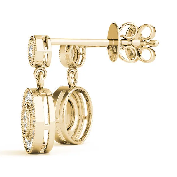 Round Halo Diamond Drop Earrings with Milgrain Bezel Setting Yellow gold