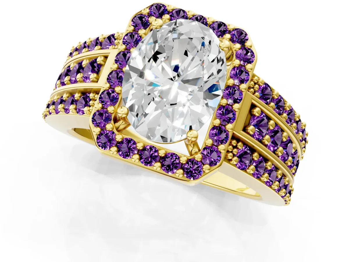 Oval Cut Halo Diamond Ring with Round Amethyst Split Shank and Prong Setting Yellow gold