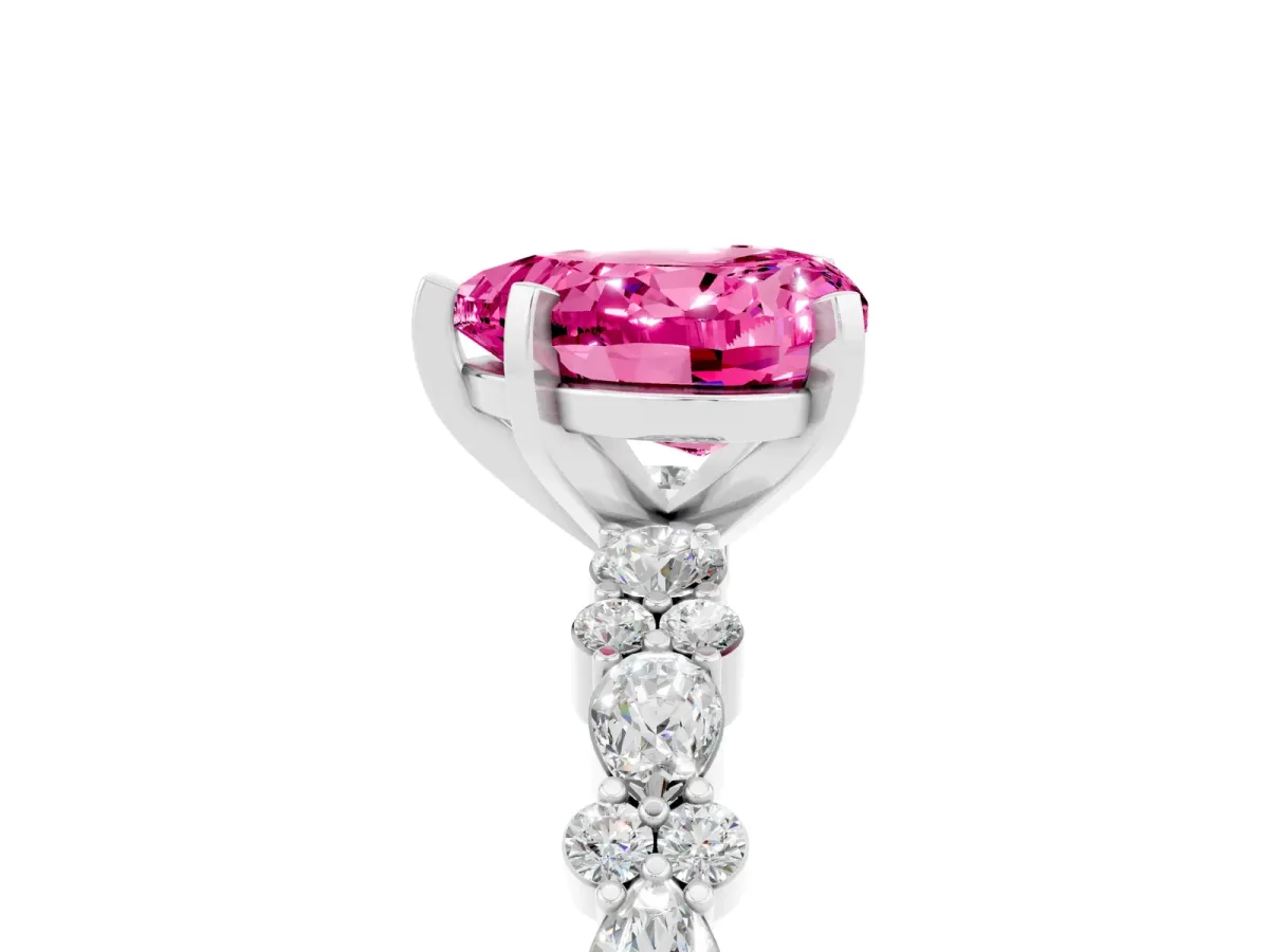Heart Cut Pink Sapphire Side Stone Solitaire Ring with Round and Four-Prong Setting Platinum