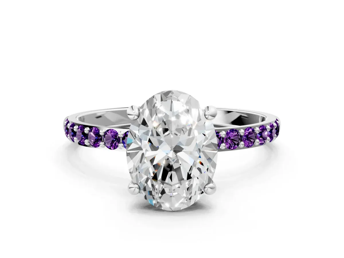 Oval Cut Diamond Solitaire Ring with Round Amethyst Pavé Band and Prong Setting Silver