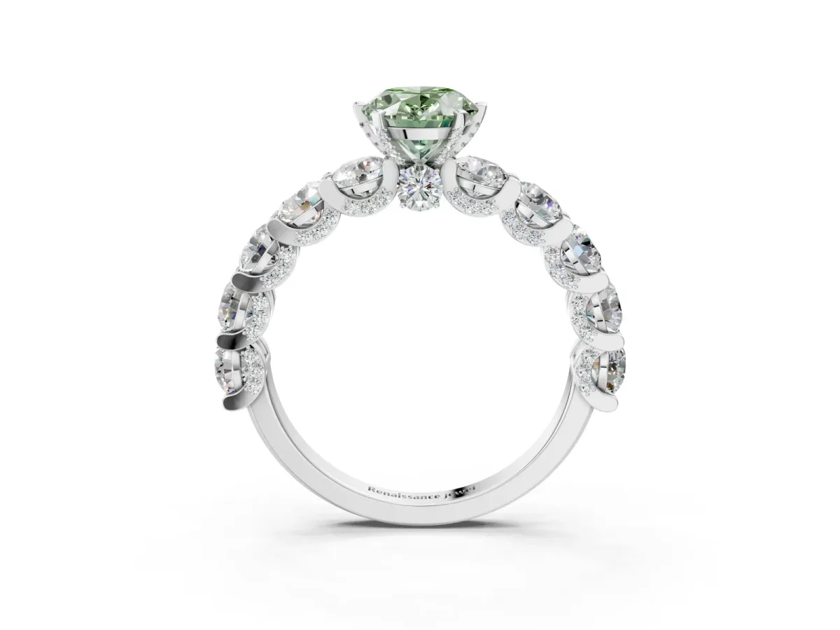 Fancy Green Oval Cut Diamond Side Stone Engagement Ring with Four-Prong Setting White gold