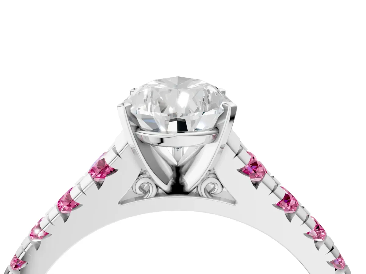 Pear Cut Diamond Cathedral Solitaire Ring with Round Pink Sapphire Pavé Band Silver