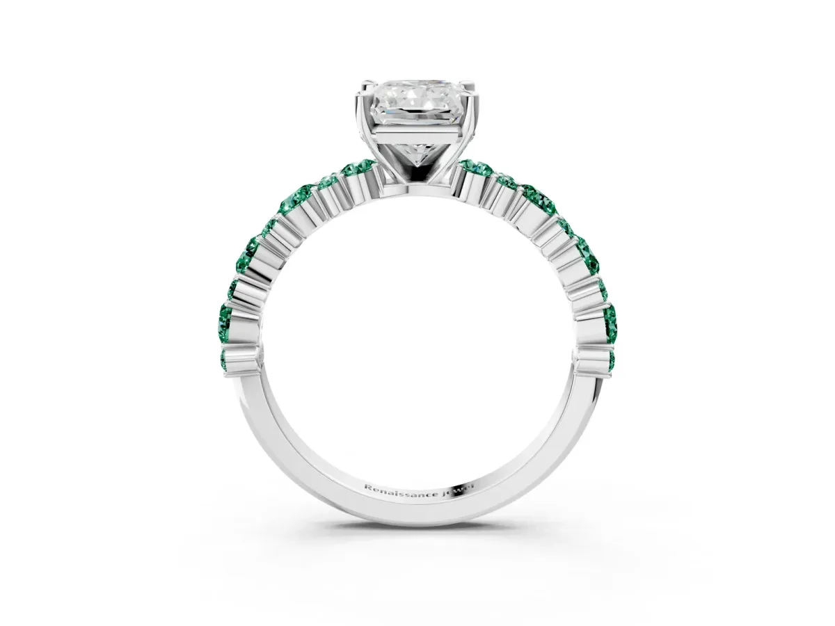 Radiant Cut Diamond Side Stone Solitaire Ring with Round Green Sapphire and Four-Prong Setting Silver