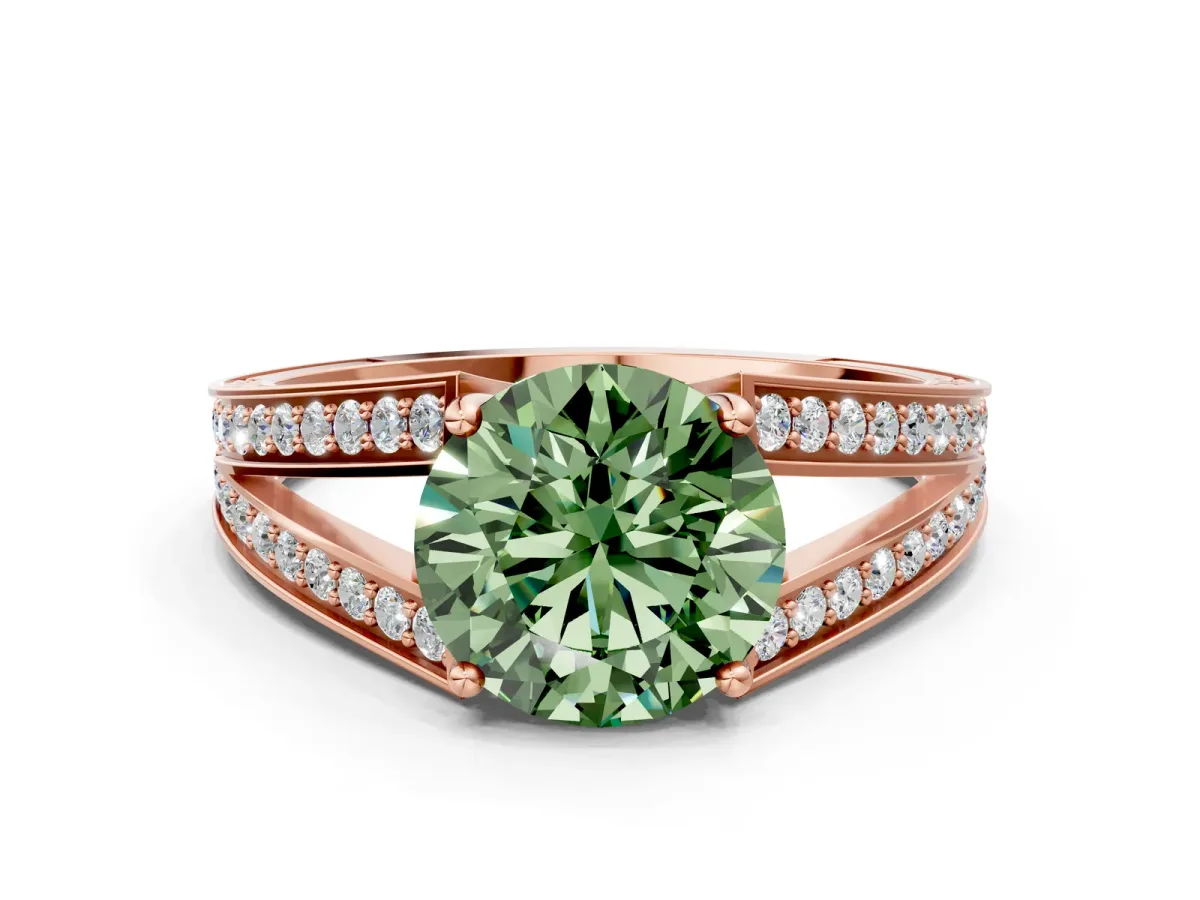 Fancy Green Round Cut Diamond Split Shank Ring with Pavé Band and Four-Prong Setting Rose gold
