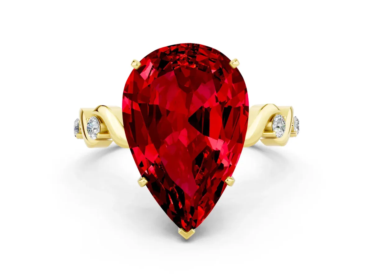 Pear Cut Ruby Solitaire Twisted Band with Round Accents and Prong Setting Yellow gold