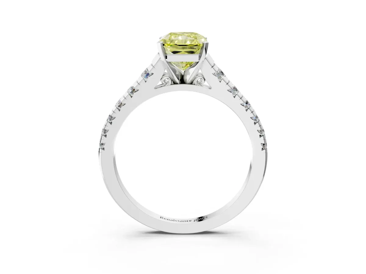 Fancy Yellow Radiant Cut Diamond Cathedral Solitaire Ring with Round Pavé Band Silver