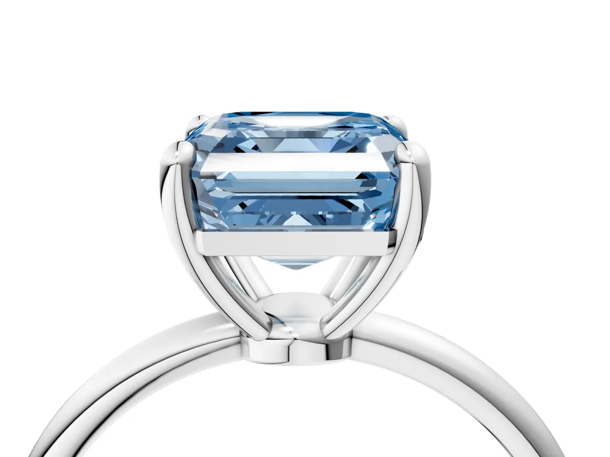 Fancy Blue Asscher Cut Solitaire Diamond Ring with 4-Prong Setting on a Classic Band White gold