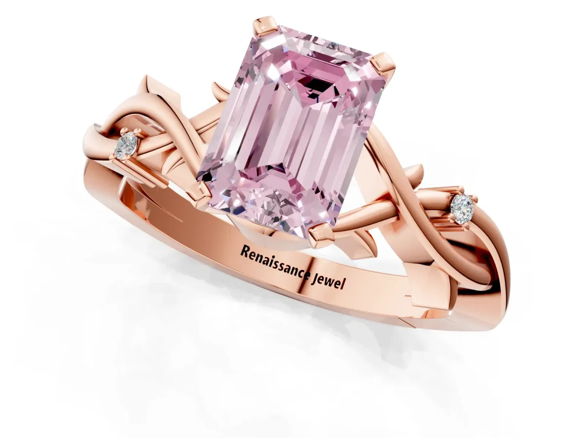Fancy Pink Emerald Cut Diamond Solitaire Ring with Twisted Band and Prong Setting Rose gold