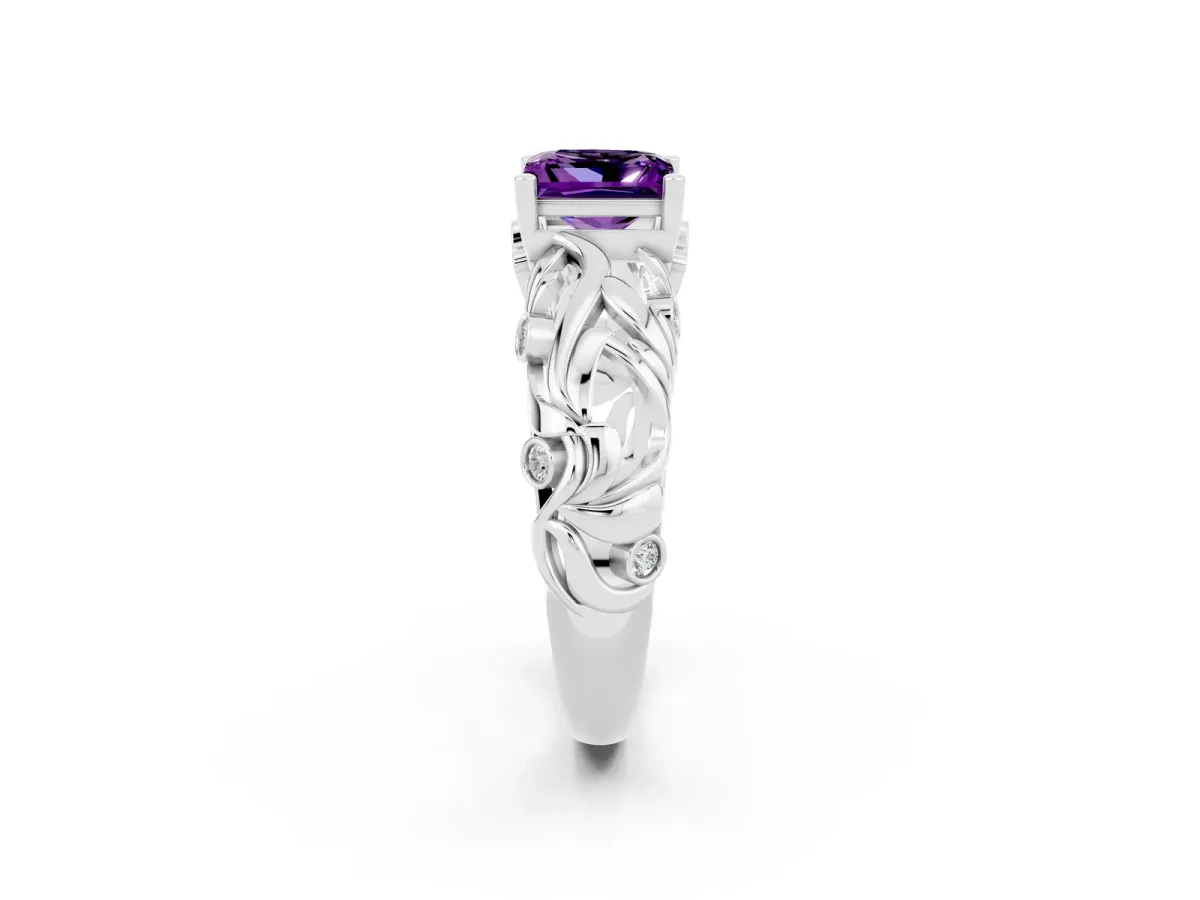 Princess Cut Solitaire Amethyst Leaf-Inspired Vine Band Ring with Prong Setting White gold