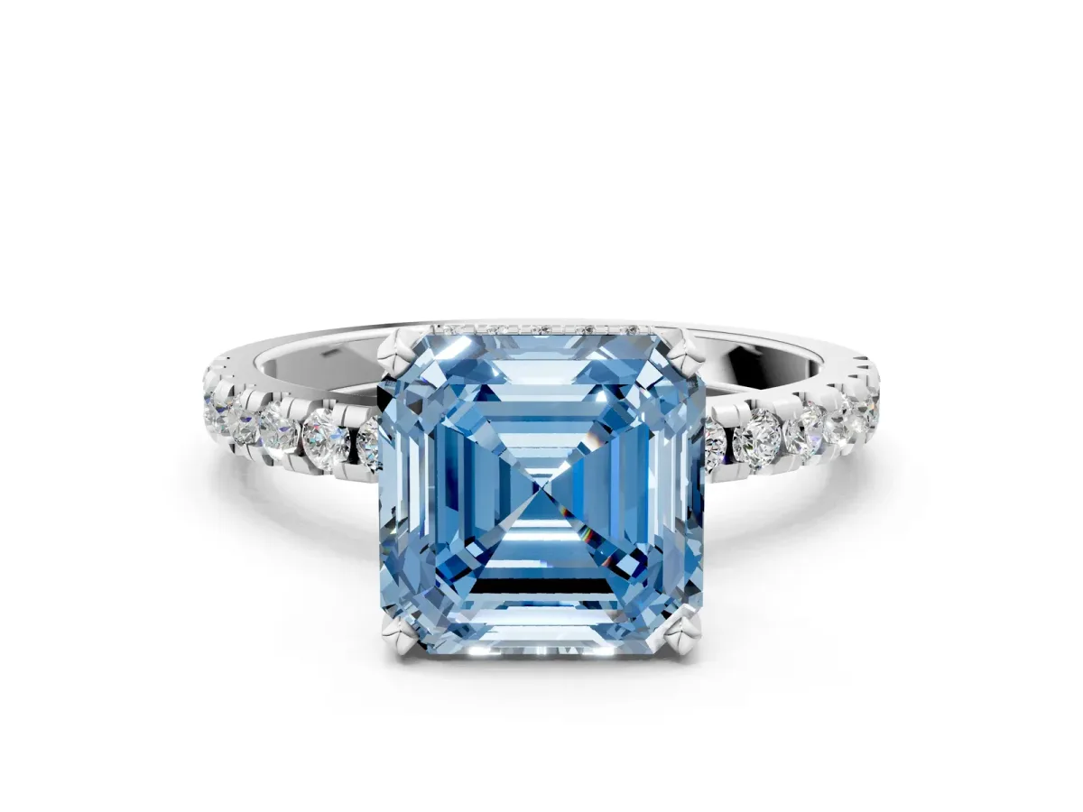 Fancy Blue Asscher Cut Diamond Solitaire Ring with Round Pavé Band and Four-Prong Setting Silver