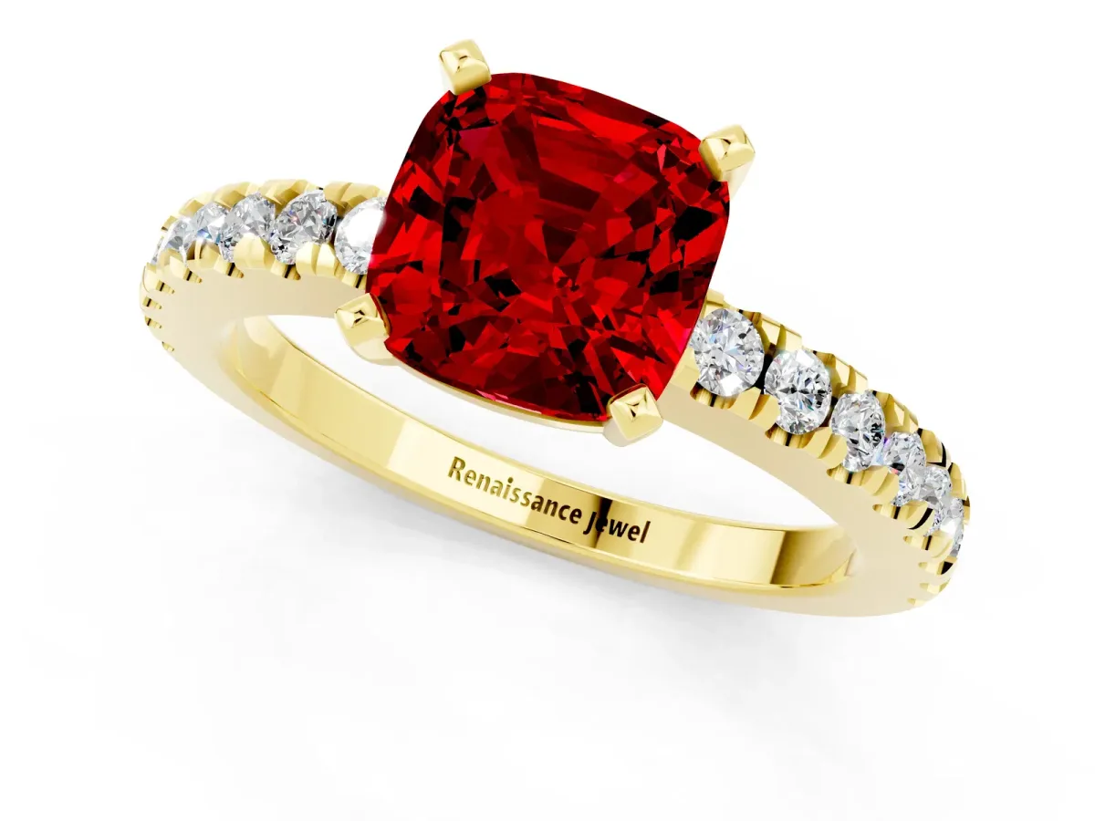 Cushion Cut Solitaire Ruby with Pavé Band and Four-Prong Setting Yellow gold