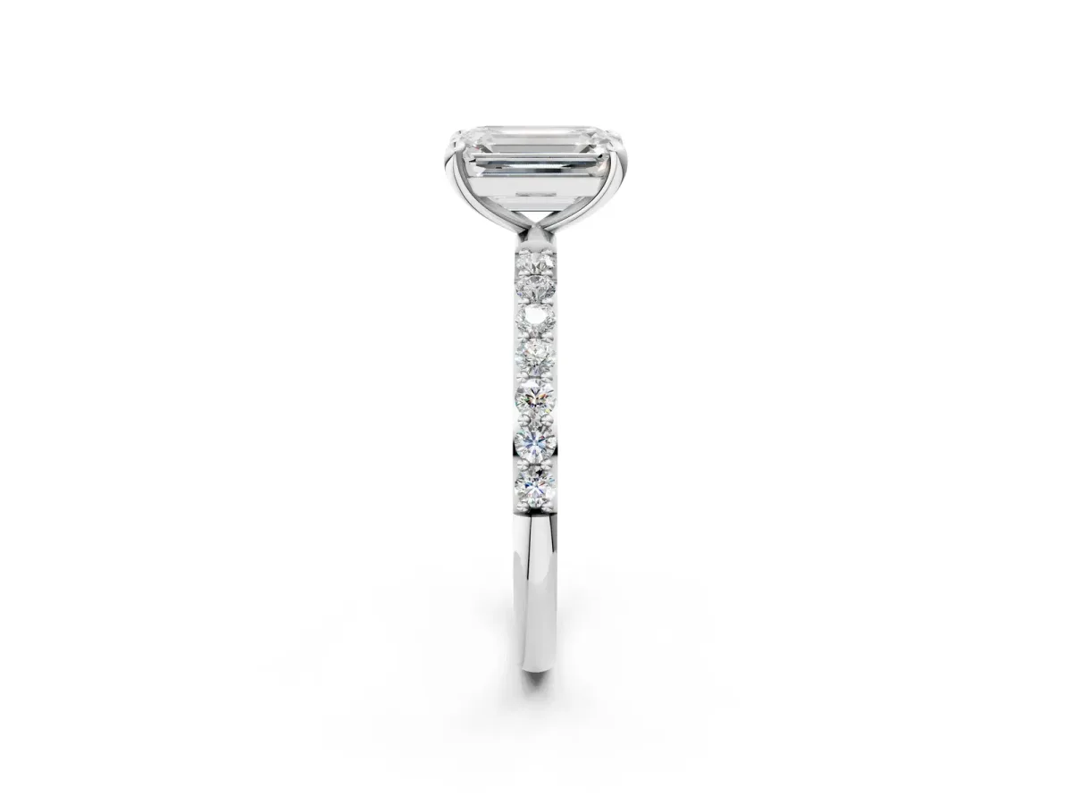 Emerald Cut Diamond Solitaire Ring with Round Pavé Band and Prong Setting Silver