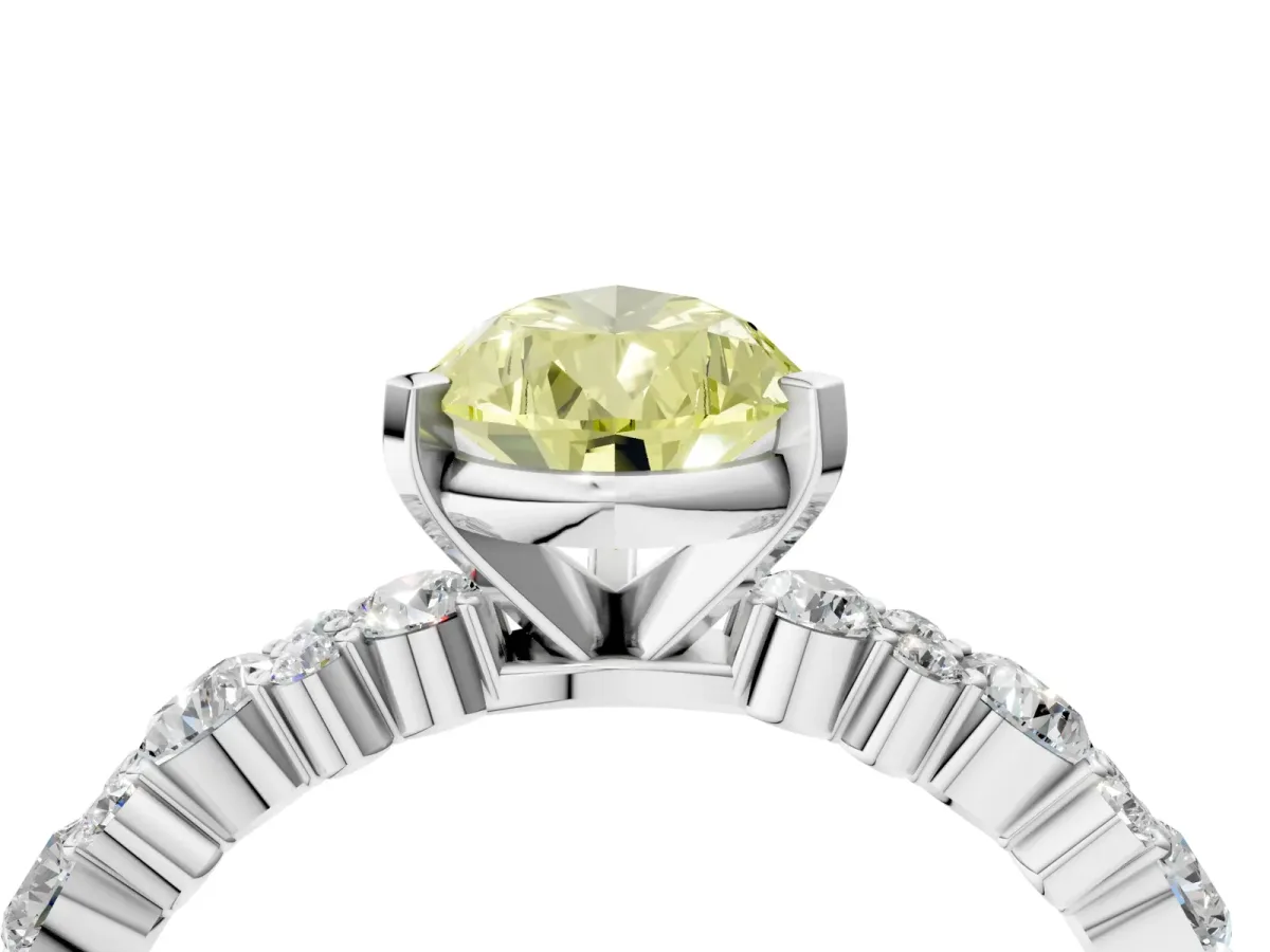 Fancy Yellow Pear Cut Diamond Side Stone Solitaire Ring with Round and Four-Prong Setting White gold