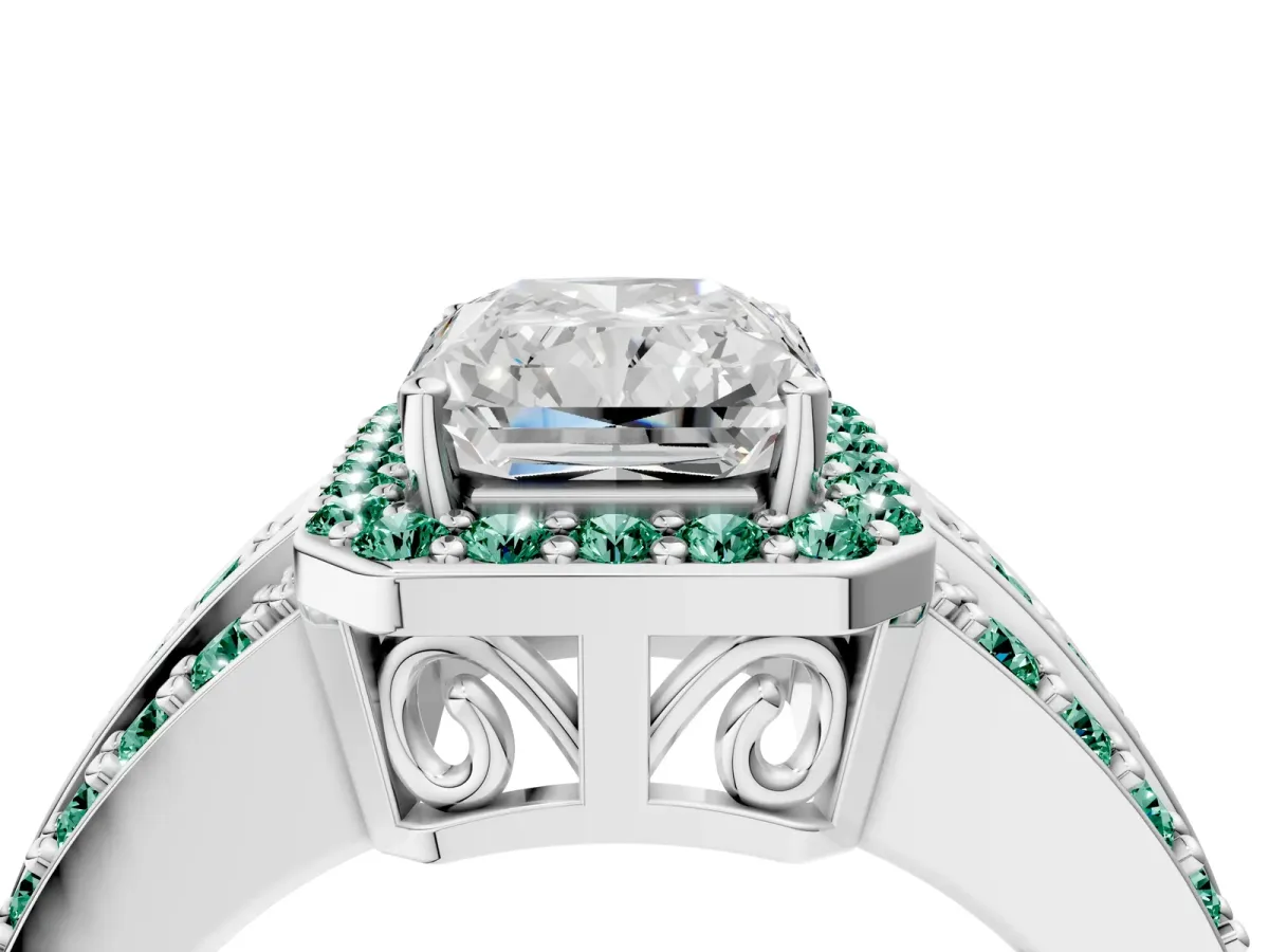 Radiant Cut Halo Diamond Ring with Round Green Sapphire Split Shank and Prong Setting Silver