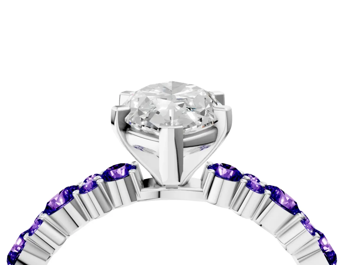 Marquise Cut Diamond Side Stone Solitaire Ring with Round Tanzanite and Four-Prong Setting Silver