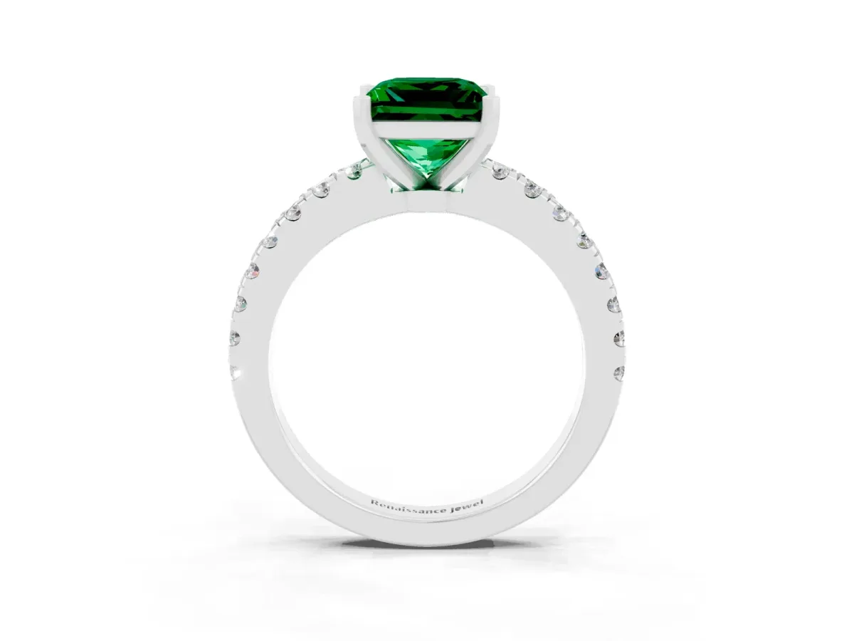 Princess Cut Solitaire Emerald with Pavé Band and Four-Prong Setting Silver