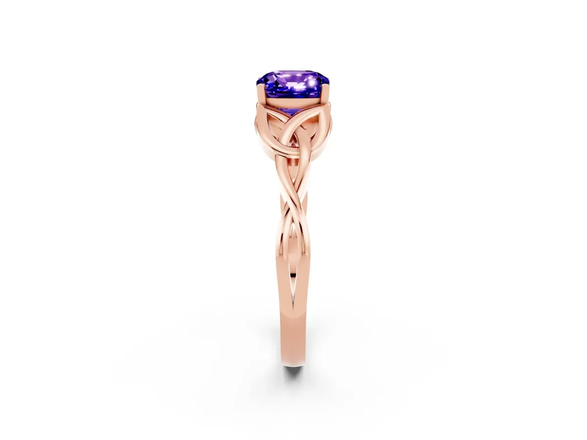 Cushion Cut Tanzanite Solitaire Celtic Knot Ring with Four-Prong Setting Rose gold