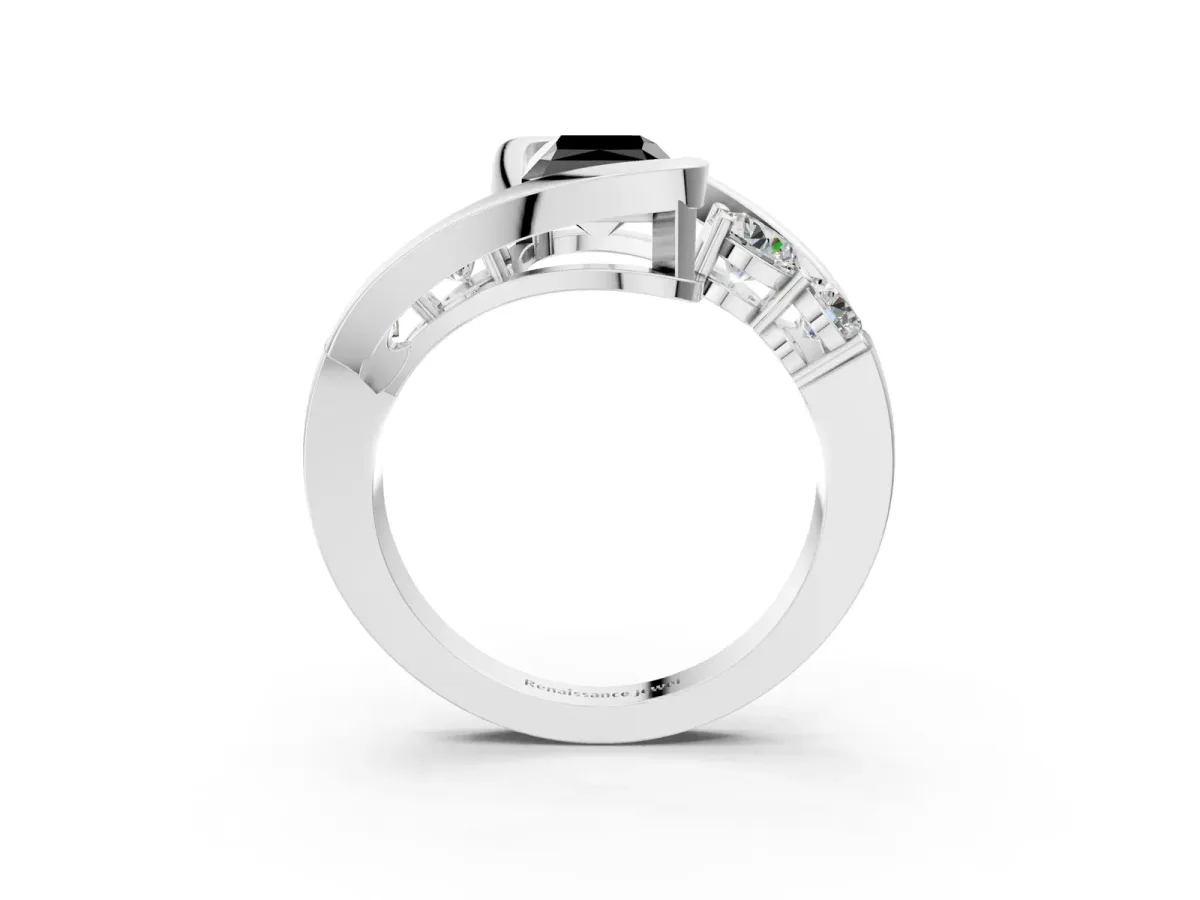 Fancy Black Bezel Set Radiant Cut Diamond Bypass Ring with Round Accents Silver