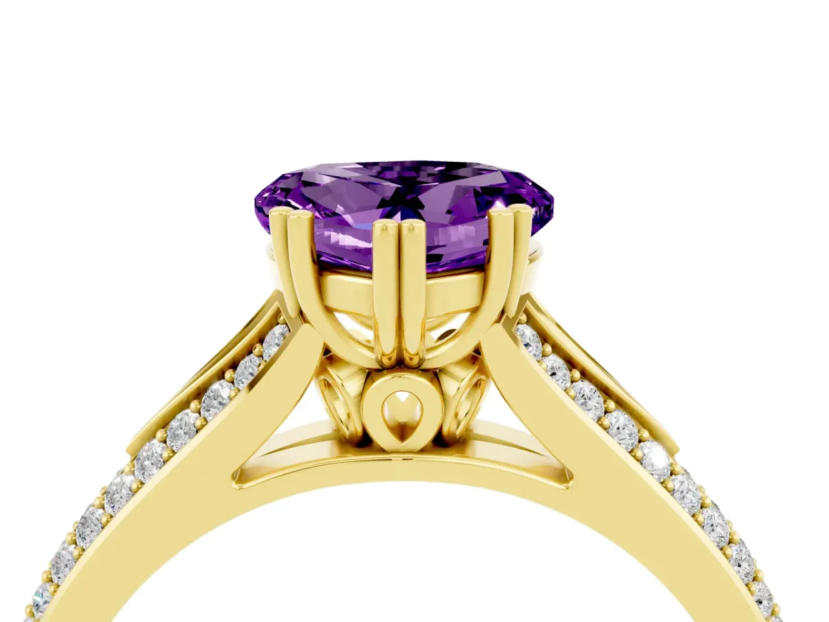 Heart Cut Amethyst Split Shank Engagement Ring with Pavé Band Yellow gold