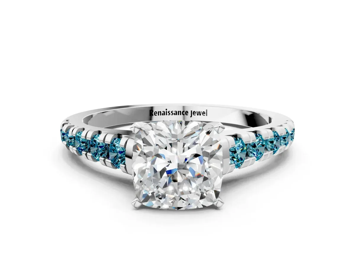 Cushion Cut Diamond Cathedral Solitaire Ring with Round Blue Topaz Pavé Band Silver