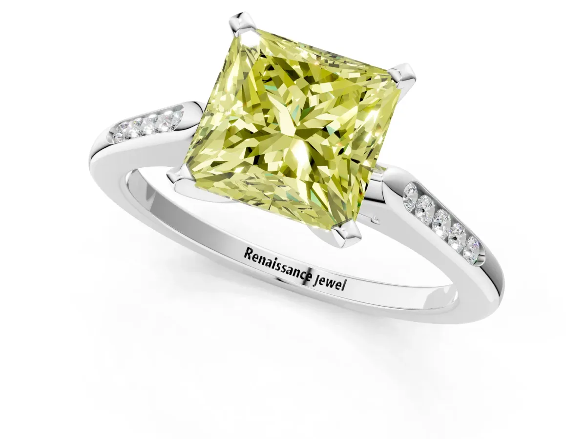 Fancy Yellow Princess Cut Diamond Solitaire Ring with Channel Set Round Band and Prong Setting Silver