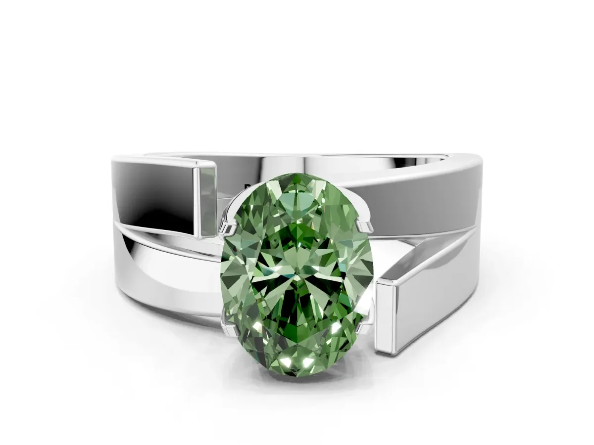 Fancy Green Modern Tension Set Oval Cut Diamond Solitaire Wide Band Ring Silver