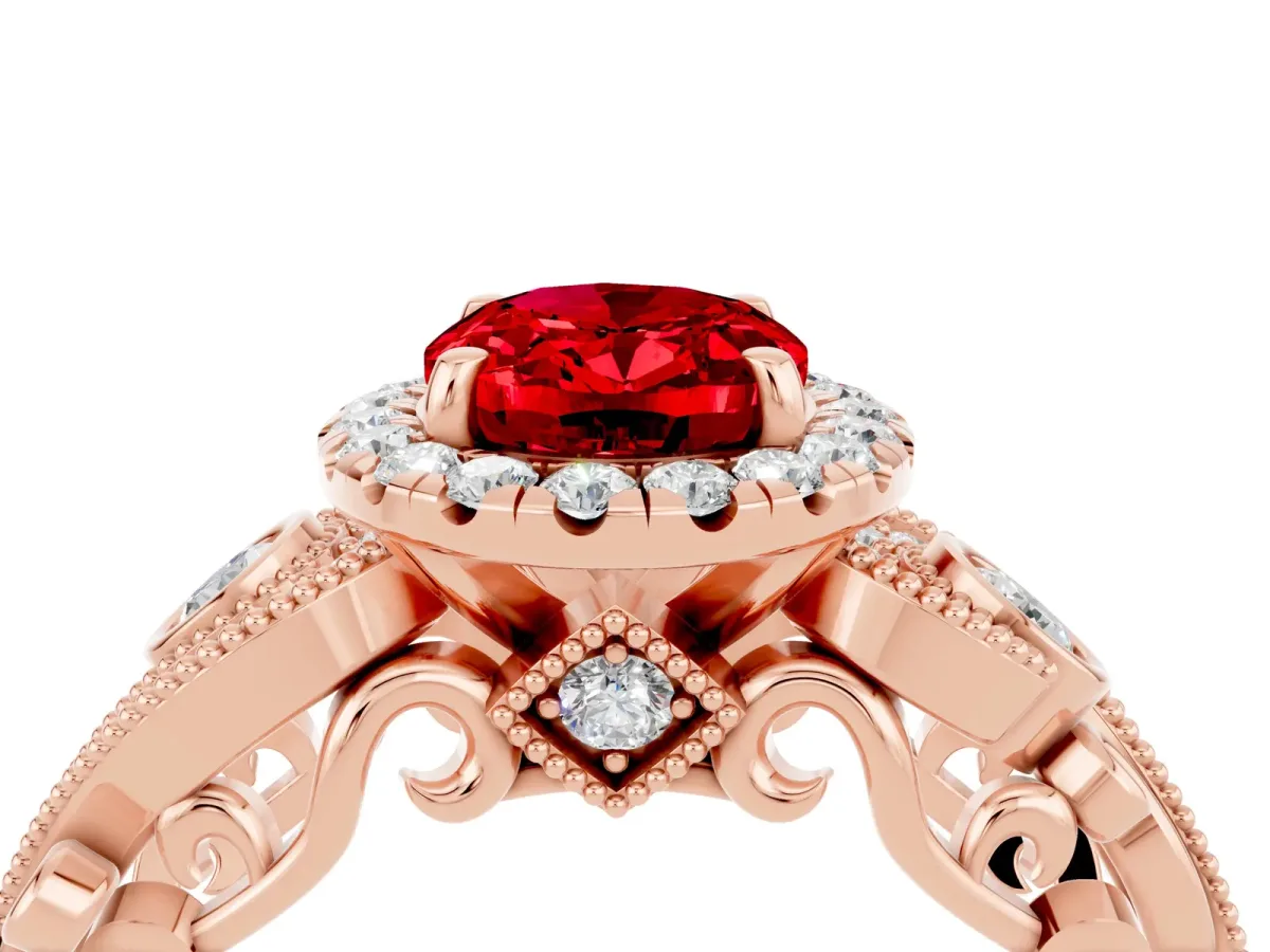 Oval Cut Ruby Halo Ring with Milgrain Pavé Band and Four-Prong Setting Rose gold