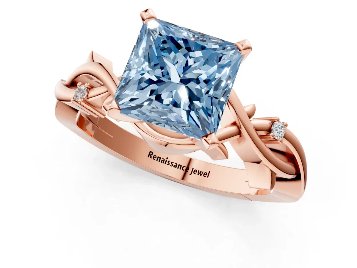 Fancy Blue Princess Cut Diamond Solitaire Ring with Twisted Band and Prong Setting Rose gold