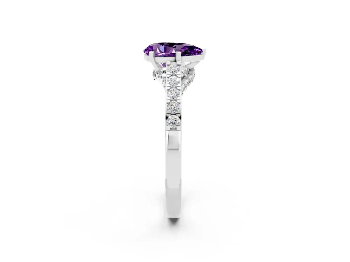 Pear Cut Amethyst Solitaire Ring with Crossover Gallery and Round Pavé Band Silver