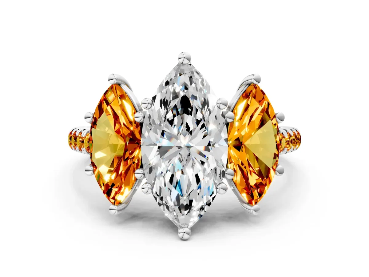 Three-Stone Marquise Cut Diamond Ring with Round Citrine Pavé Band and Prong Setting Silver